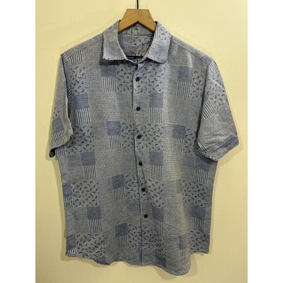 Linen Blend Boho Paisley Button Down Camp Shirt M Resort Patchwork Retro Blue - Picture 1 of 13